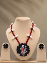 Sambalpuri Fabric and Shell Long Necklace and Earrings Set