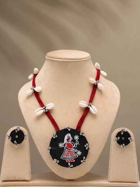 Sambalpuri Fabric and Shell Long Necklace and Earrings Set