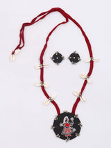 Sambalpuri Fabric and Shell Long Necklace and Earrings Set