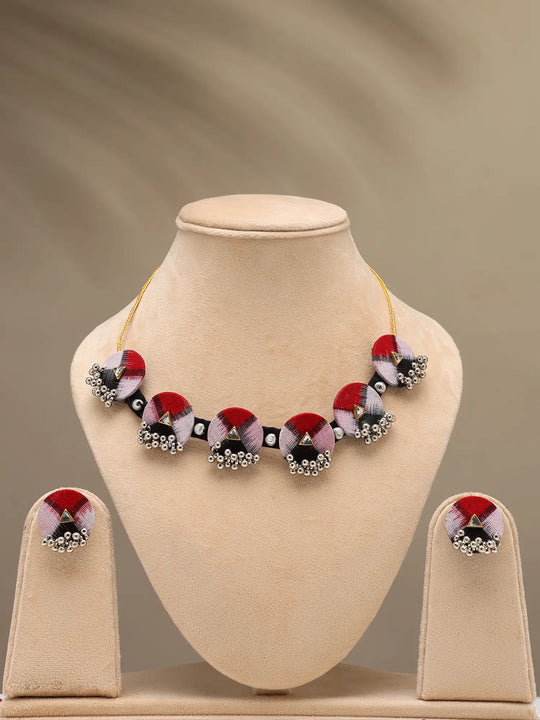 Sambalpuri Fabric and Bead Choker and Earrings Set