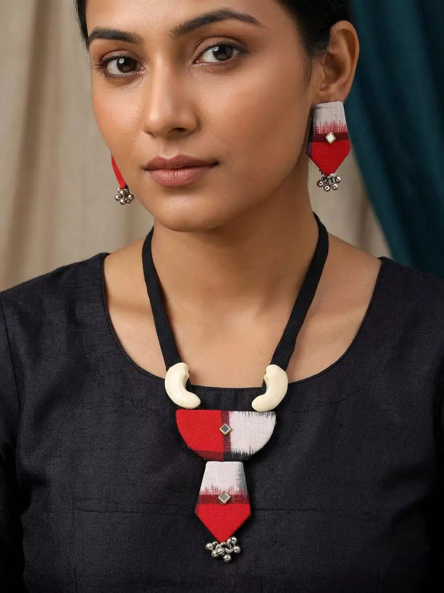 Sambalpuri Fabric and MDF Necklace Set with Earrings