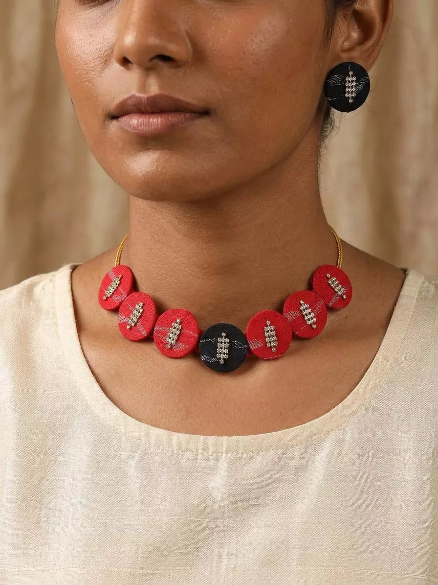 Sambalpuri Fabric and MDF Round Choker and Earrings Set
