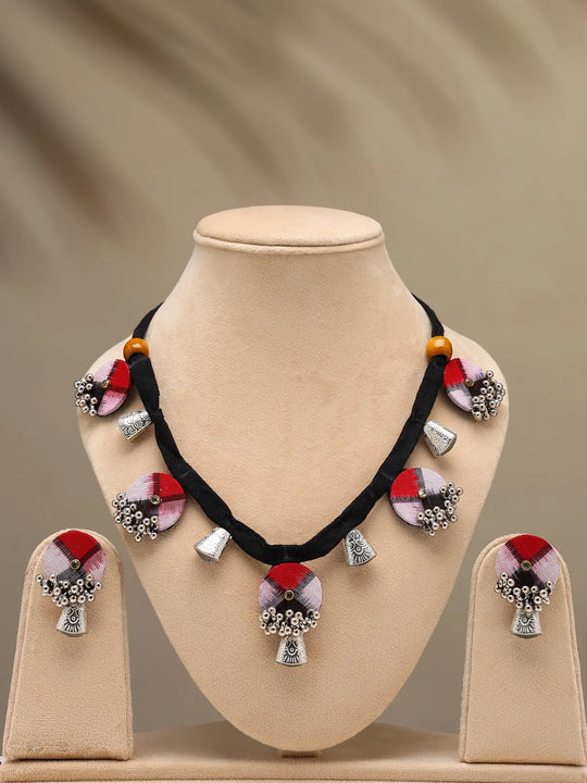 Sambalpuri Fabric and Bead Necklace and Earrings Set