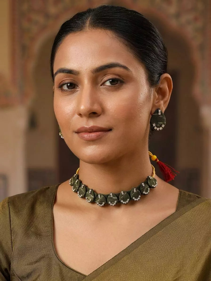 Sambalpuri Fabric and Stone Studded Choker and Earrings Set