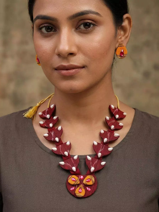 Sambalpuri Fabric and Stone Studded Necklace Set with Earrings
