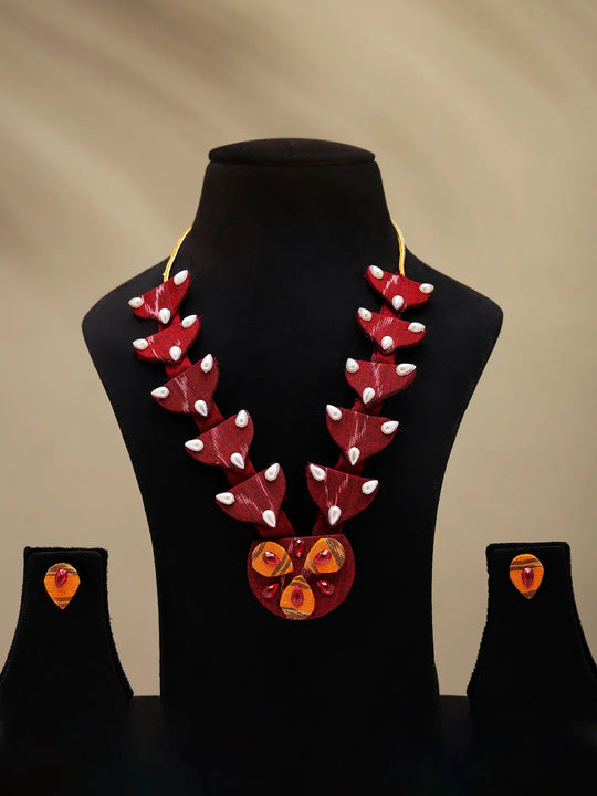 Sambalpuri Fabric and Stone Studded Necklace Set with Earrings
