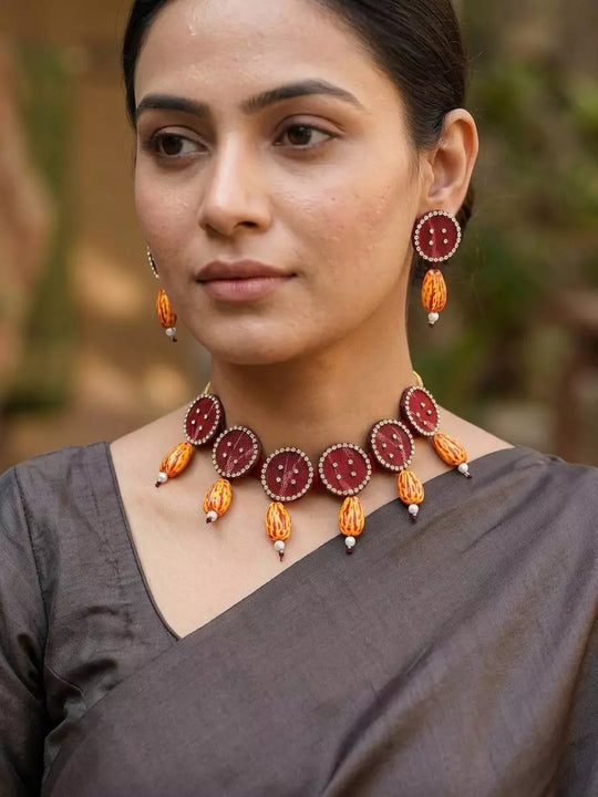 Sambalpuri Fabric and MDF Red Choker and Earrings Set