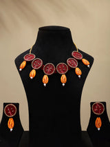 Sambalpuri Fabric and MDF Red Choker and Earrings Set