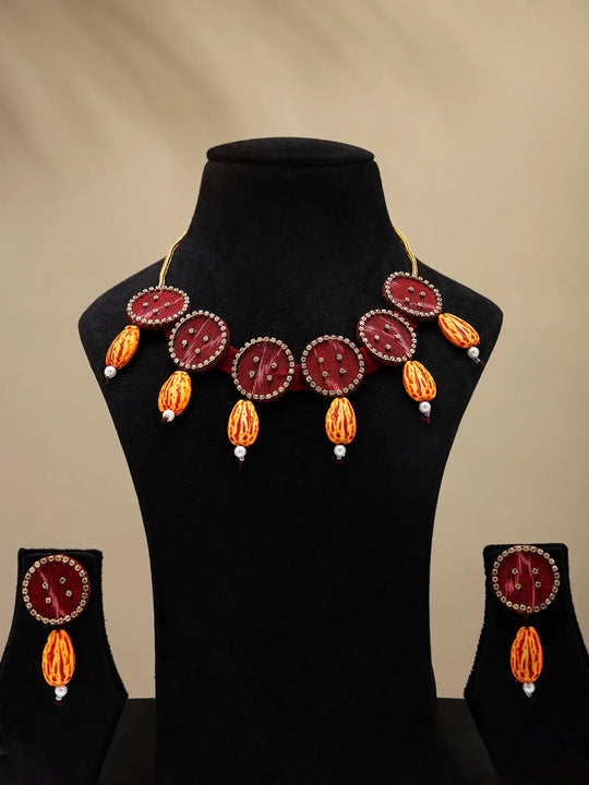 Sambalpuri Fabric and MDF Red Choker and Earrings Set