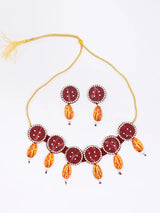 Sambalpuri Fabric and MDF Red Choker and Earrings Set