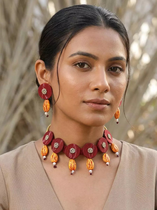 Sambalpuri Fabric and Stone Choker and Earrings Set