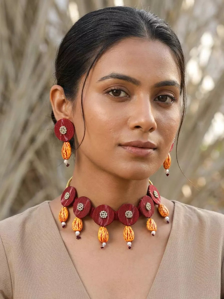 Sambalpuri Fabric and Stone Choker and Earrings Set