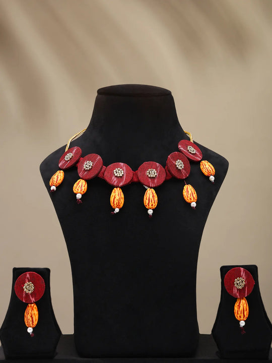 Sambalpuri Fabric and Stone Choker and Earrings Set