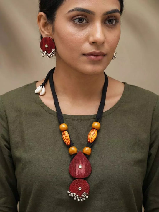 Sambalpuri Fabric and MDF Long Necklace and Earrings Set