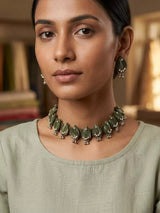 Sambalpuri Fabric and Stone Choker Set with Dangling Earrings