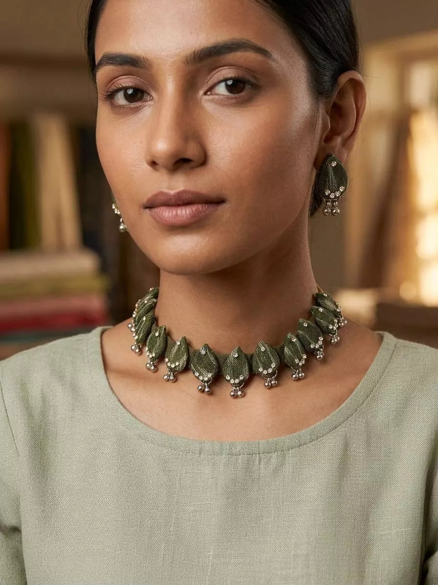 Sambalpuri Fabric and Stone Choker Set with Dangling Earrings