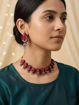 Sambalpuri Fabric and Stone Choker Set with Dangling Earrings