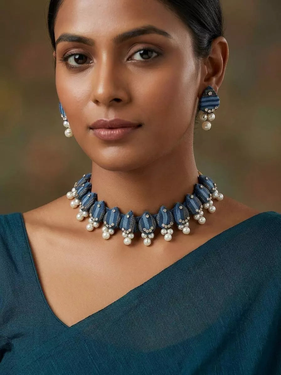 Sambalpuri Fabric and Stone Beaded Choker Set with Earrings