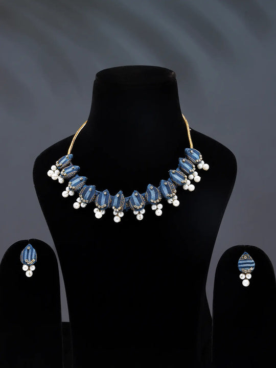 Sambalpuri Fabric and Stone Beaded Choker Set with Earrings