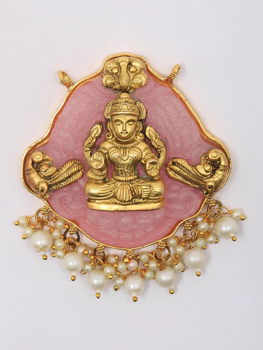 Temple Goddess Lakshmi Brass Pendant with Dangling Beads