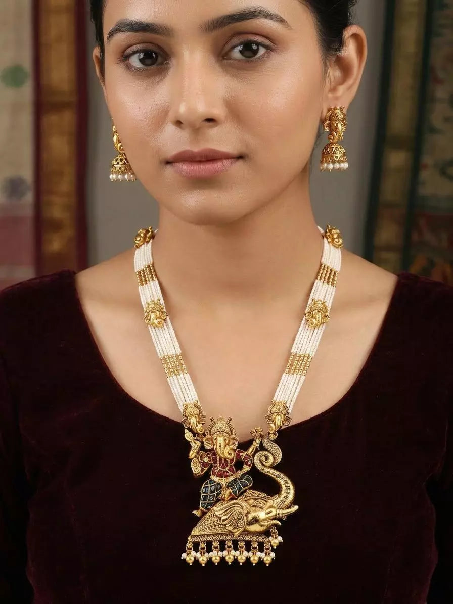 Lord Ganesha Beaded Brass Long Necklace Set with Earrings