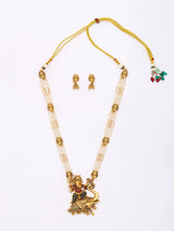 Lord Ganesha Beaded Brass Long Necklace Set with Earrings