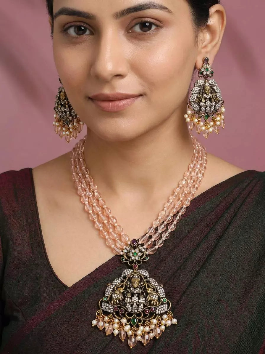Gajalakshmi Beaded Three Strand Necklace and Earrings Set