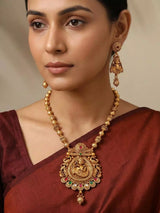 Bal Krishna and Cow Stone Studded Brass Necklace and Earrings Set