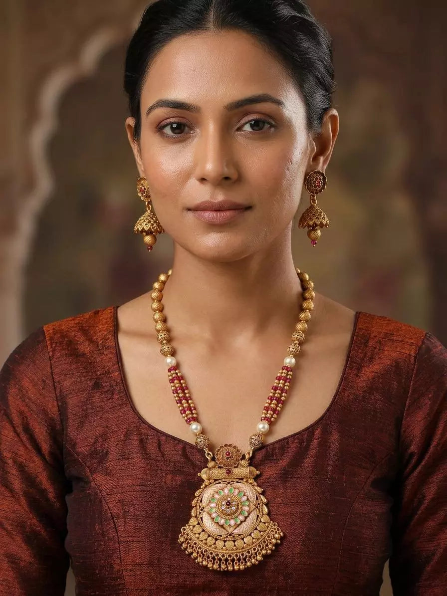 Floral Brass Bead Necklace and Earrings Set