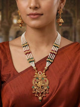 Krishna and Cow Motif Stone Beaded Brass Necklace Set with Earrings