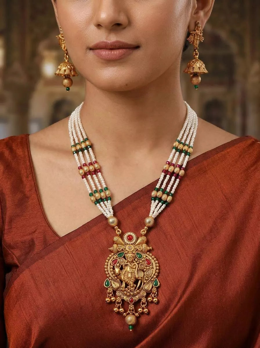 Krishna and Cow Motif Stone Beaded Brass Necklace Set with Earrings