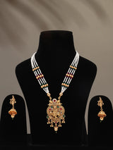 Krishna and Cow Motif Stone Beaded Brass Necklace Set with Earrings