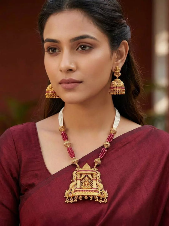 Goddess Lakshmi Temple Brass Necklace Set with Earrings