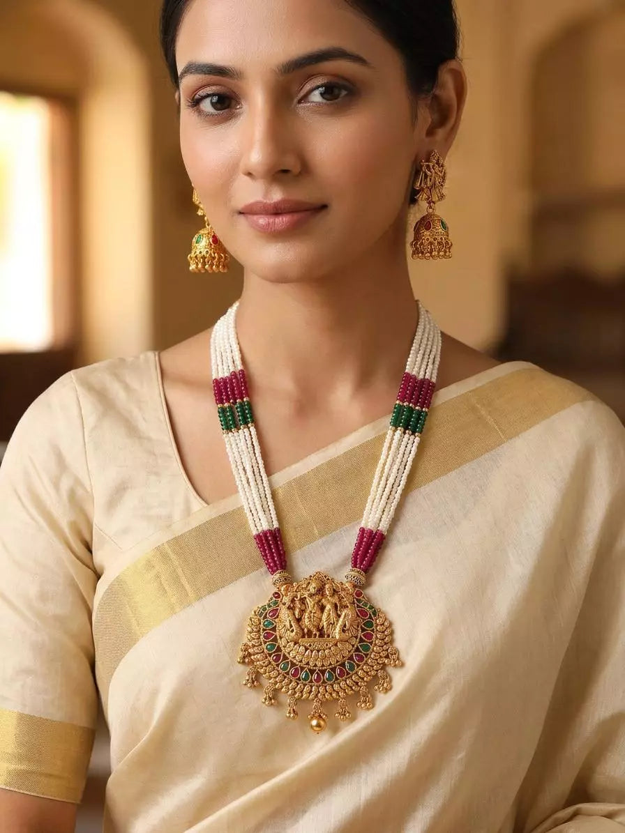 Radha Krishna Multi Strand Brass Necklace and Earrings Set