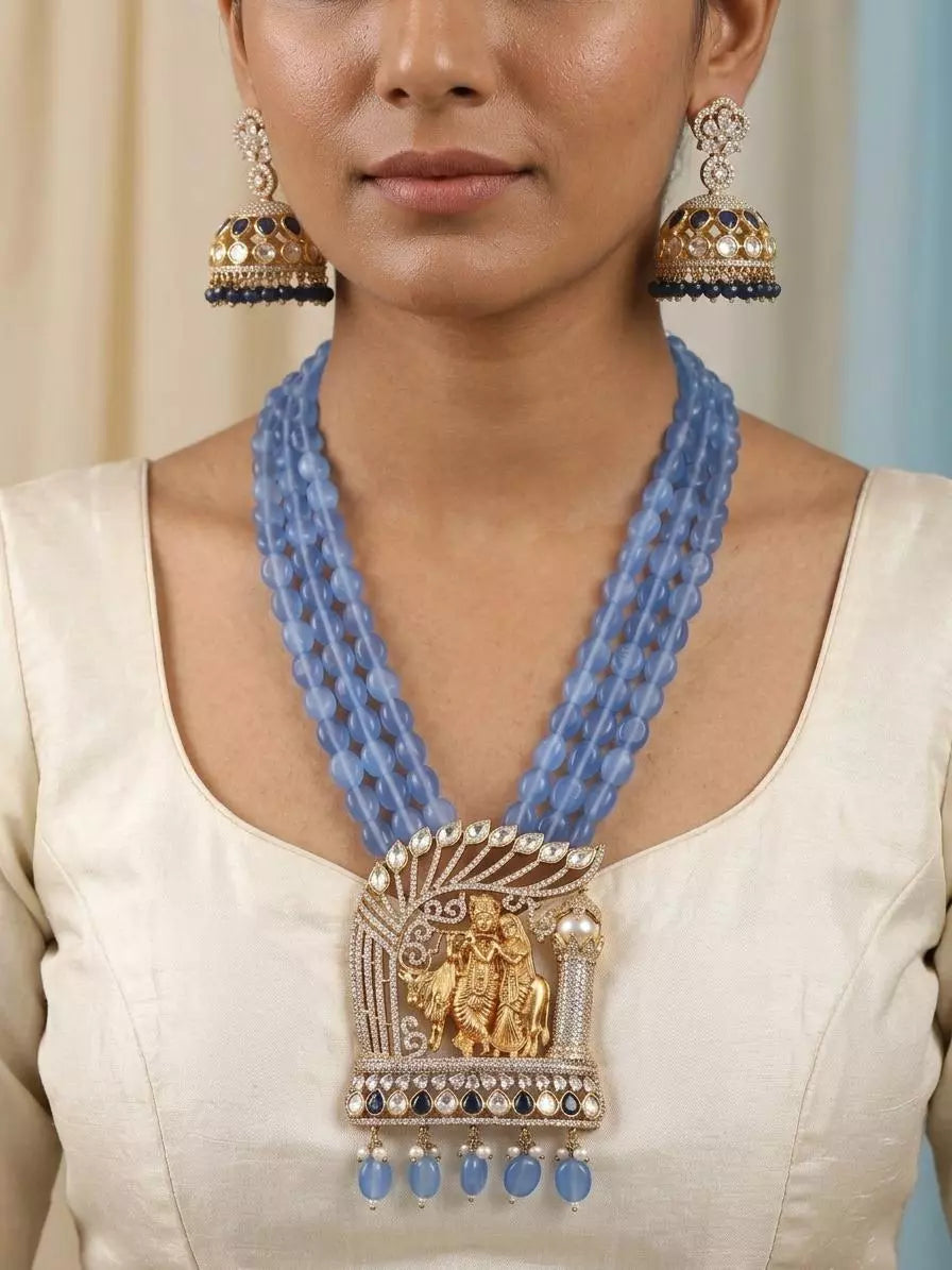 Kundan Radha Krishna Multi Strand Long Necklace Set with Earrings
