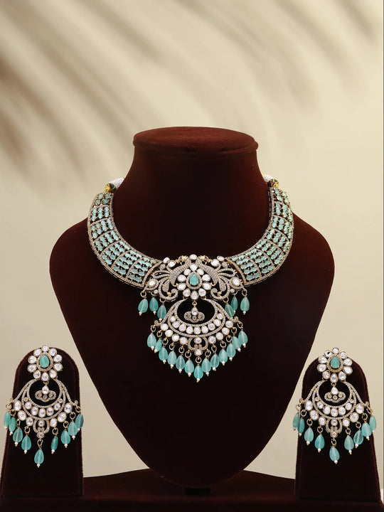 Brass and Alloy Stone Studded Necklace and Earrings Set