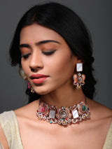 Multicolour Floral Rose Gold Brass Choker and Earrings Set