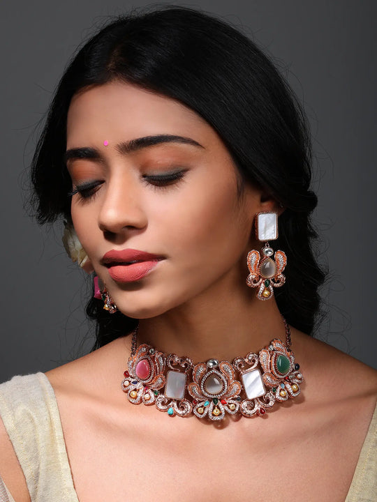 Multicolour Floral Rose Gold Brass Choker and Earrings Set