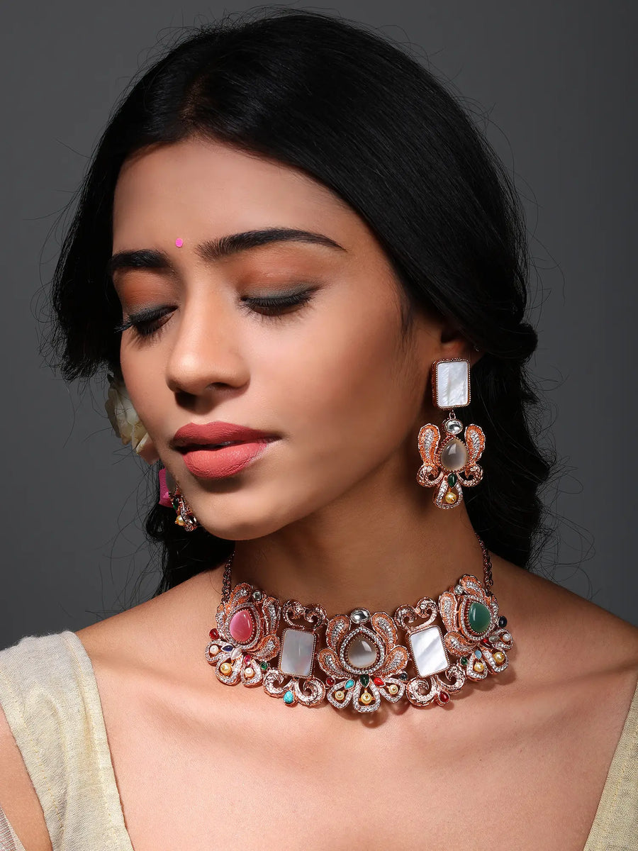 Multicolour Floral Rose Gold Brass Choker and Earrings Set