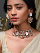 Multicolour Floral Rose Gold Brass Choker and Earrings Set