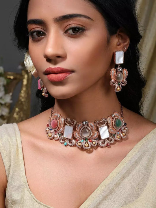 Multicolour Floral Rose Gold Brass Choker and Earrings Set