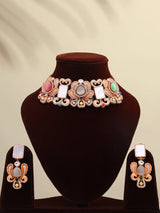 Multicolour Floral Rose Gold Brass Choker and Earrings Set