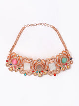 Multicolour Floral Rose Gold Brass Choker and Earrings Set