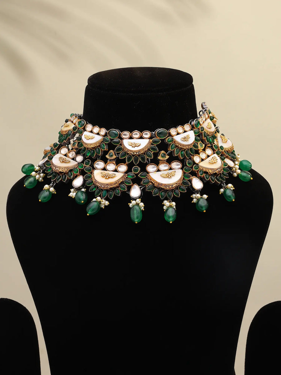 Emerald Green and White Stone Studded Choker Necklace
