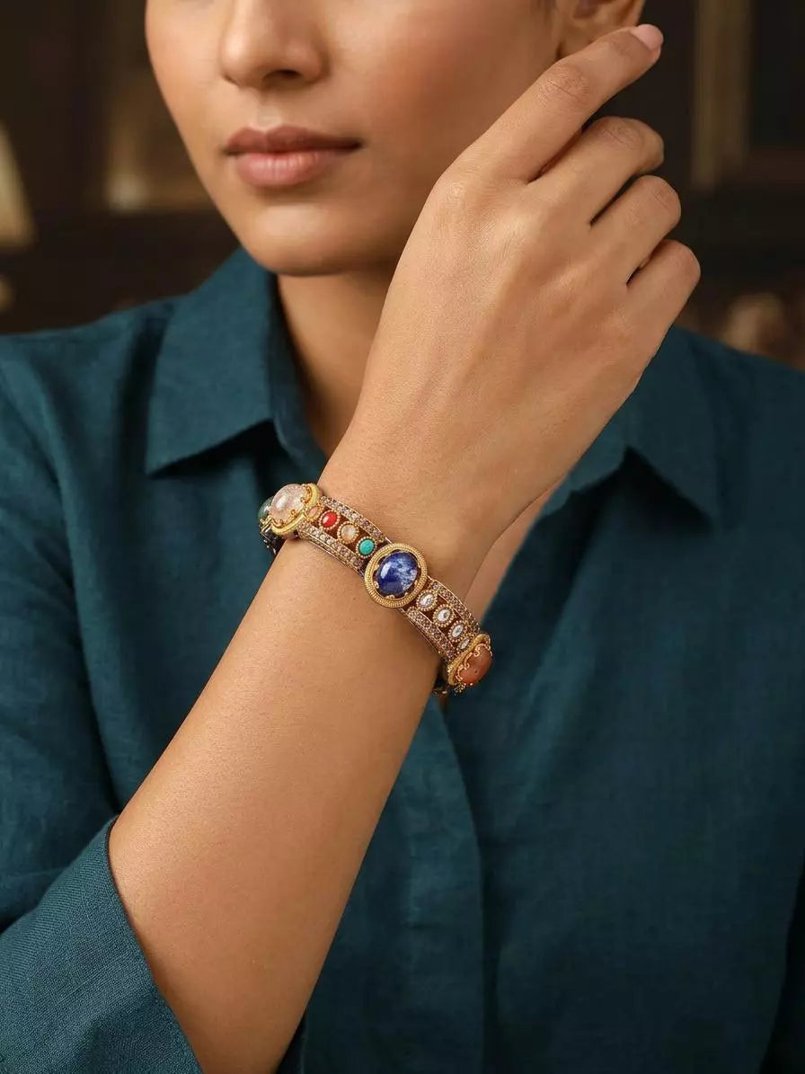 Multicolour Stone Studded Openable Copper Alloy Bangle