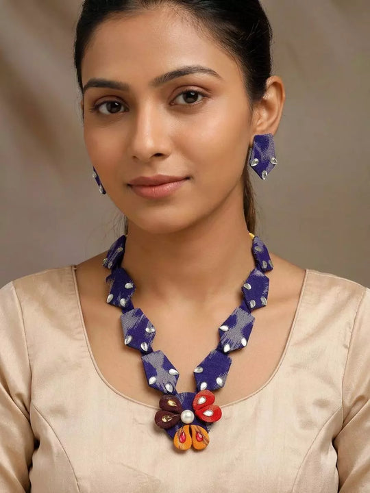Sambalpuri Fabric Floral Stone Studded Necklace and Earrings Set