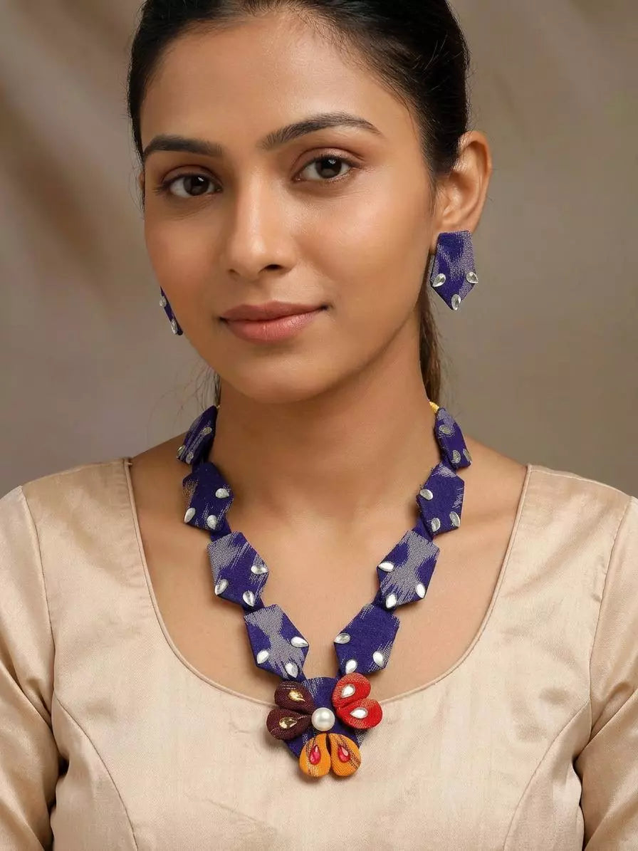 Sambalpuri Fabric Floral Stone Studded Necklace and Earrings Set