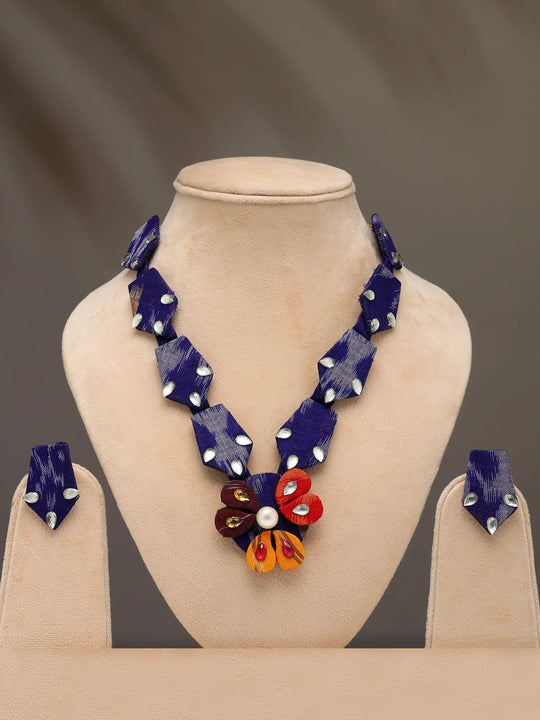 Sambalpuri Fabric Floral Stone Studded Necklace and Earrings Set