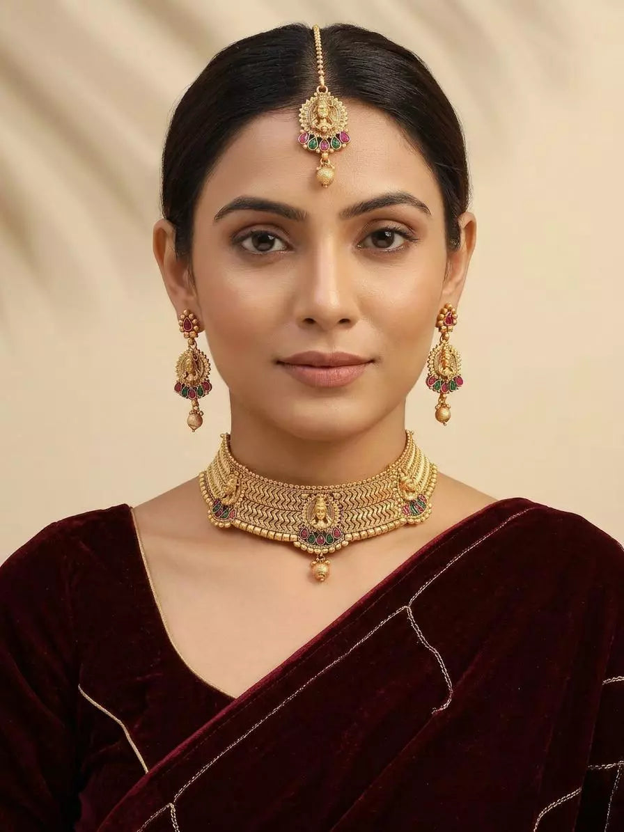 Lord Shiva Brass Choker Set with Earrings and Maang Tikka