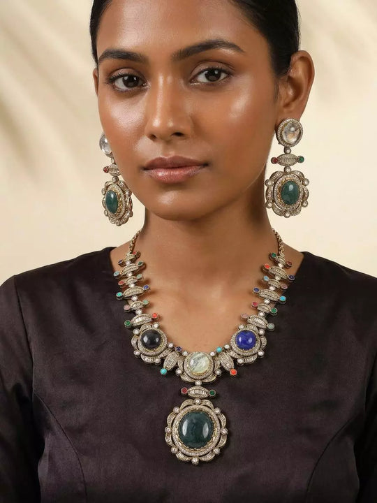 Glass Stone Studded Long Necklace Set with Earrings